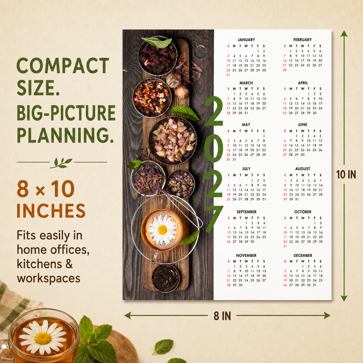2027 Year at a Glance Wall Calendar – Chamomile & Herbal Tea carousel image 5