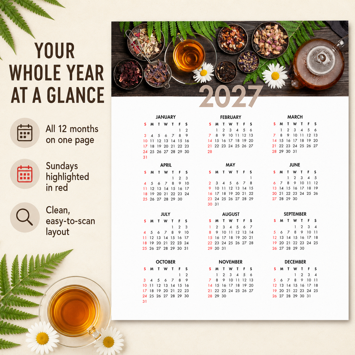 2027 Year at a Glance Wall Calendar – Herbal Tea & Daisies carousel image 4