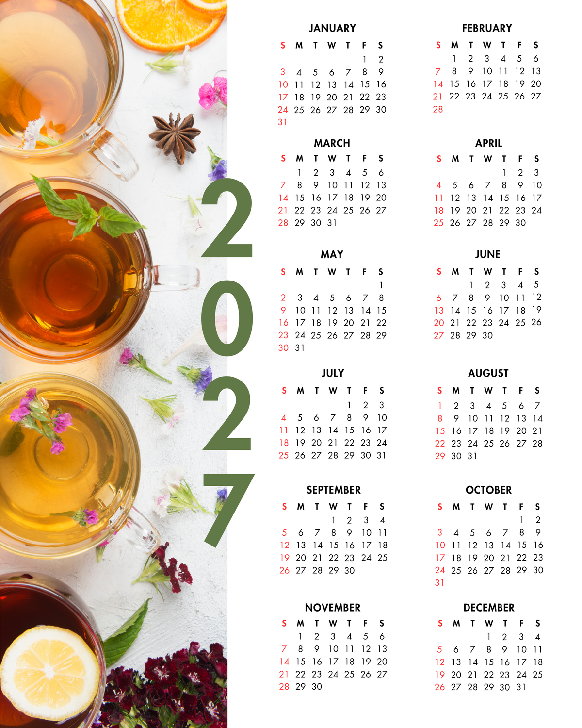 2027 Year at a Glance Wall Calendar – Tea Infusions