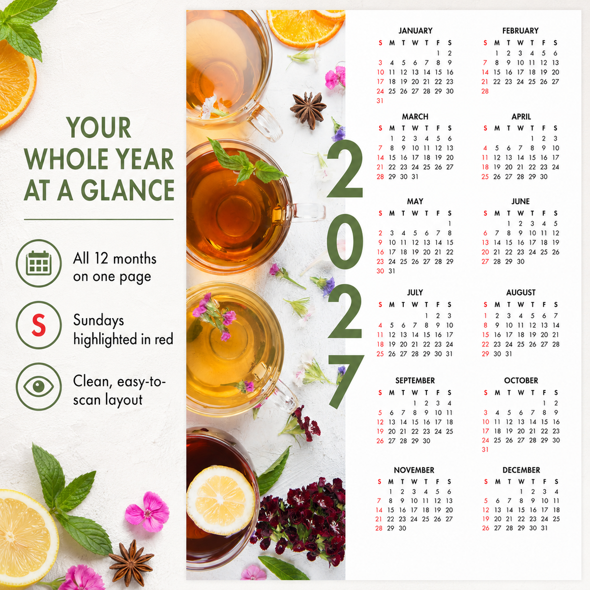 2027 Year at a Glance Wall Calendar – Tea Infusions carousel image 6