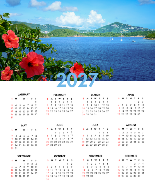 2027 Year at a Glance Wall Calendar – Tropical Bay & Hibiscus