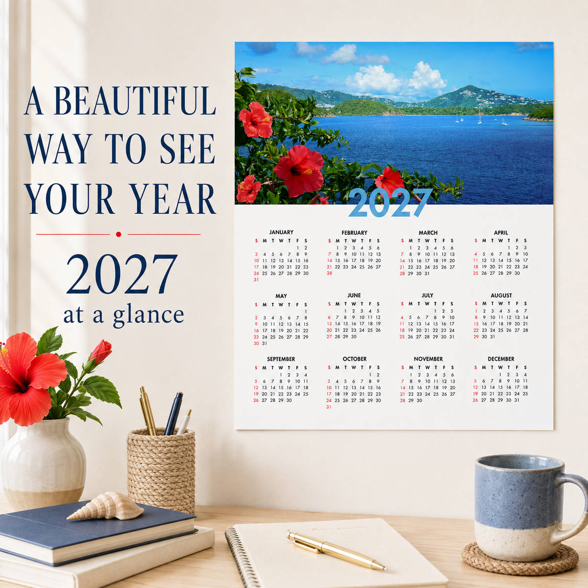2027 Year at a Glance Wall Calendar – Tropical Bay & Hibiscus carousel image 6