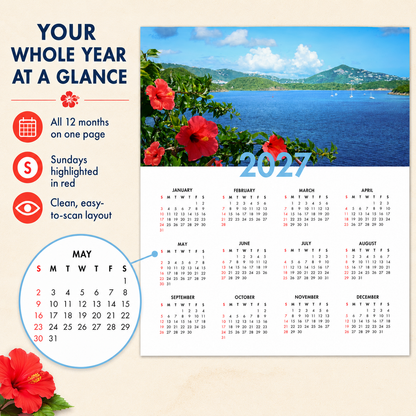2027 Year at a Glance Wall Calendar – Tropical Bay & Hibiscus carousel image 5