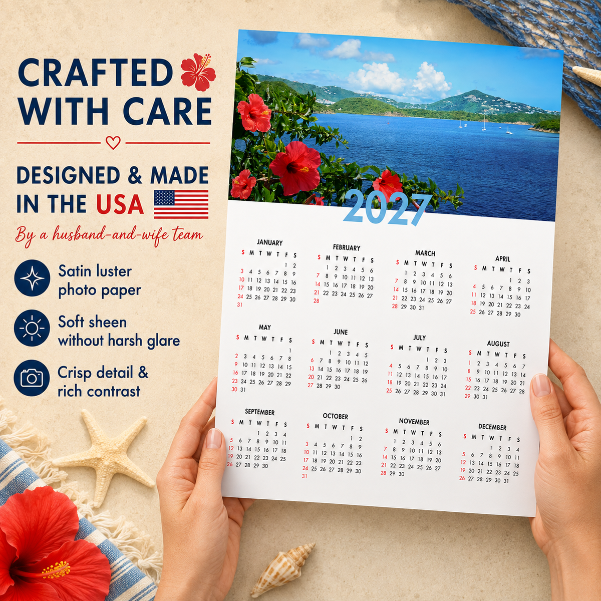 2027 Year at a Glance Wall Calendar – Tropical Bay & Hibiscus carousel image 3