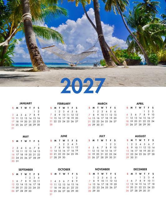 2027 Year at a Glance Wall Calendar – Palm Trees & Hammock