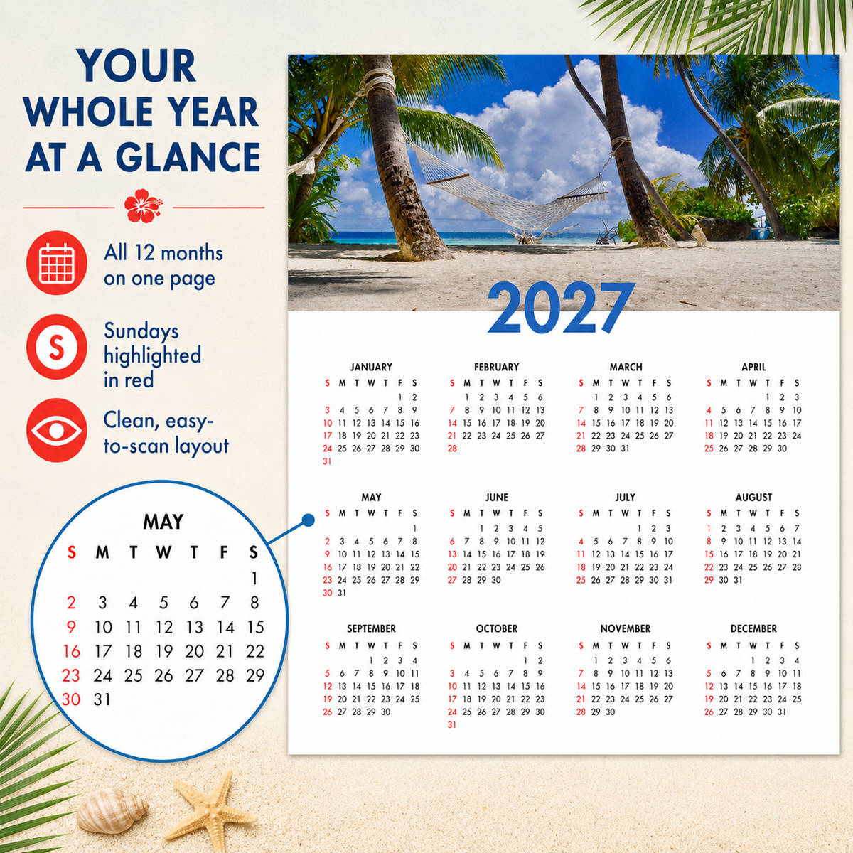 2027 Year at a Glance Wall Calendar – Palm Trees & Hammock carousel image 4
