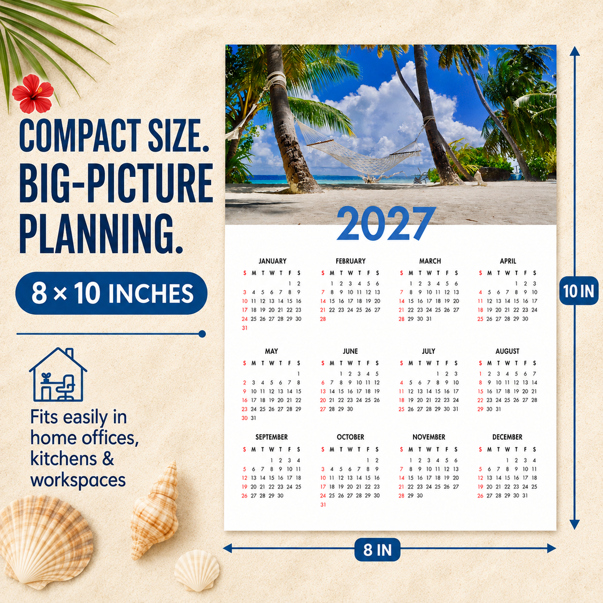 2027 Year at a Glance Wall Calendar – Palm Trees & Hammock carousel image 2