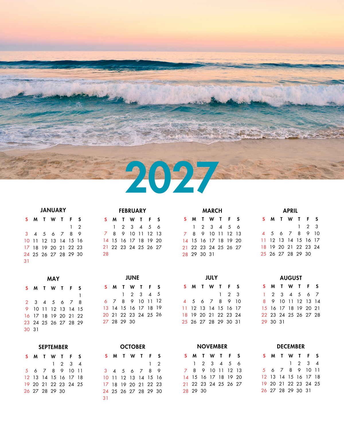 2027 Year at a Glance Wall Calendar – Sunrise Over Ocean Waves