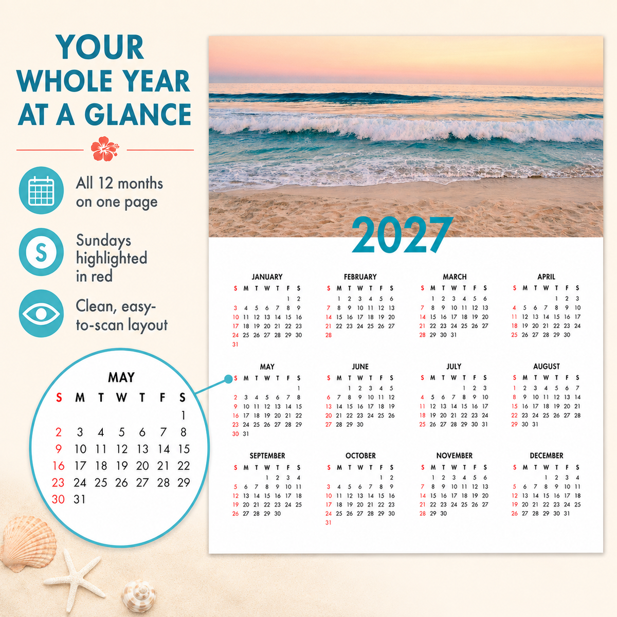 2027 Year at a Glance Wall Calendar – Sunrise Over Ocean Waves carousel image 2