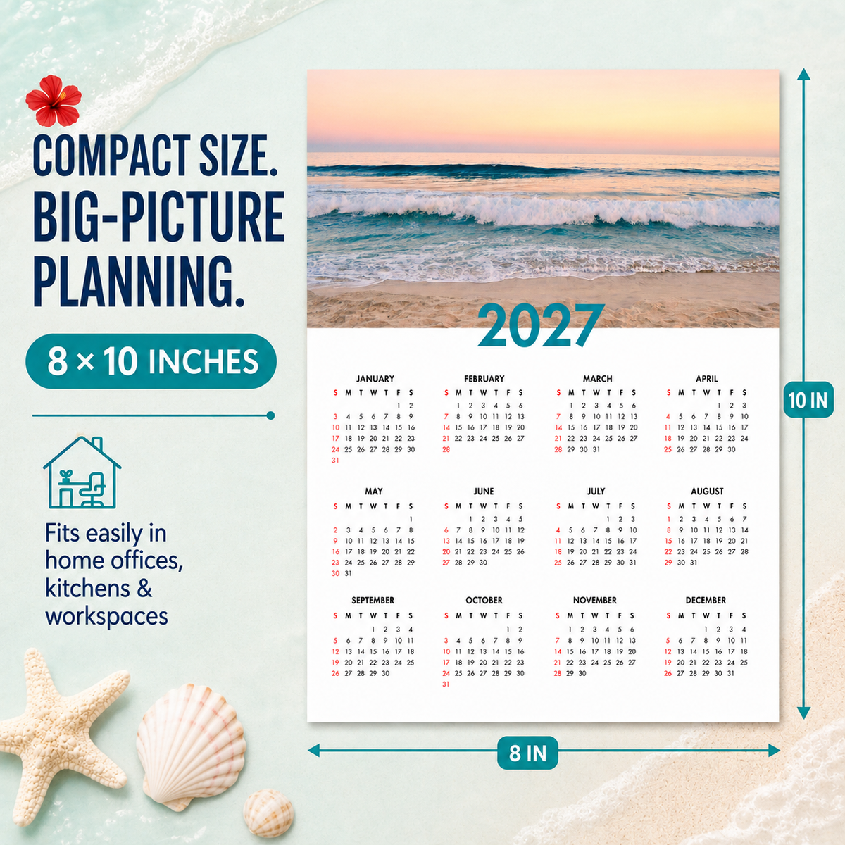 2027 Year at a Glance Wall Calendar – Sunrise Over Ocean Waves carousel image 7