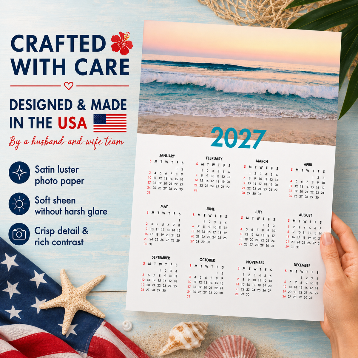 2027 Year at a Glance Wall Calendar – Sunrise Over Ocean Waves carousel image 6