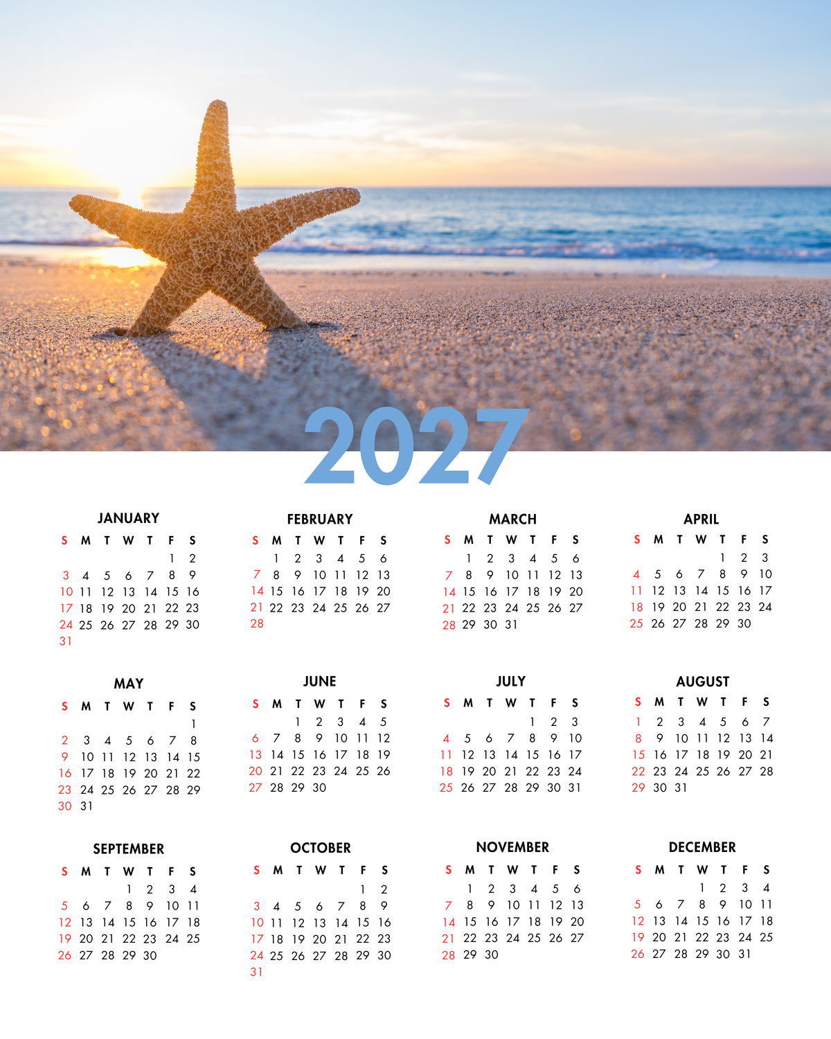2027 Year at a Glance Wall Calendar – Starfish on the Shore