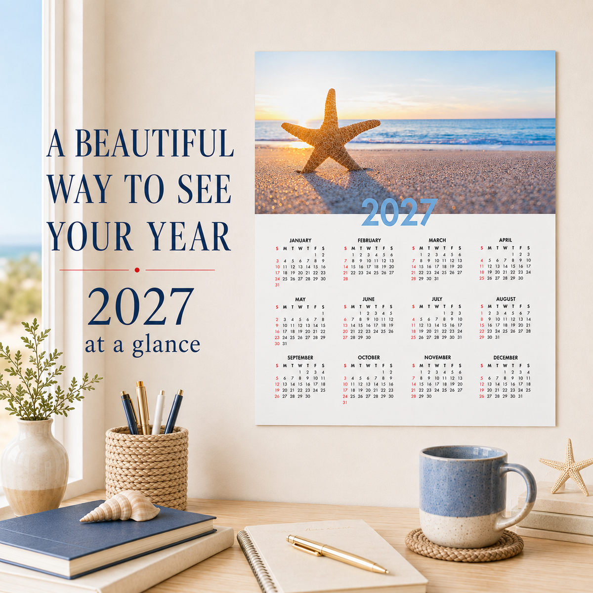 2027 Year at a Glance Wall Calendar – Starfish on the Shore carousel image 3