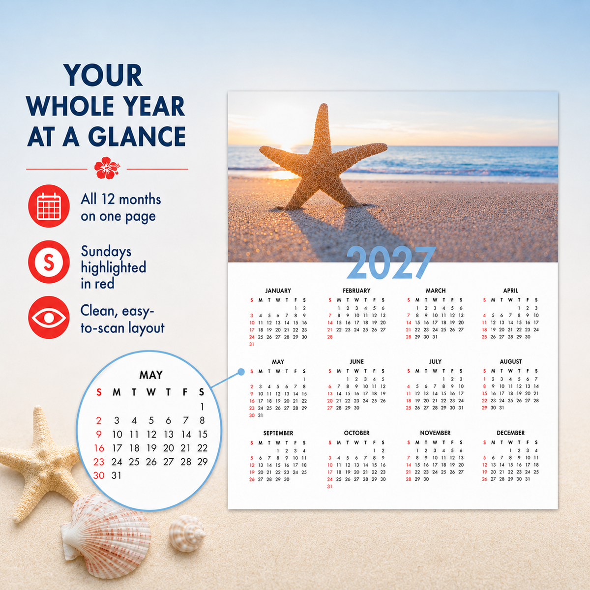 2027 Year at a Glance Wall Calendar – Starfish on the Shore carousel image 7