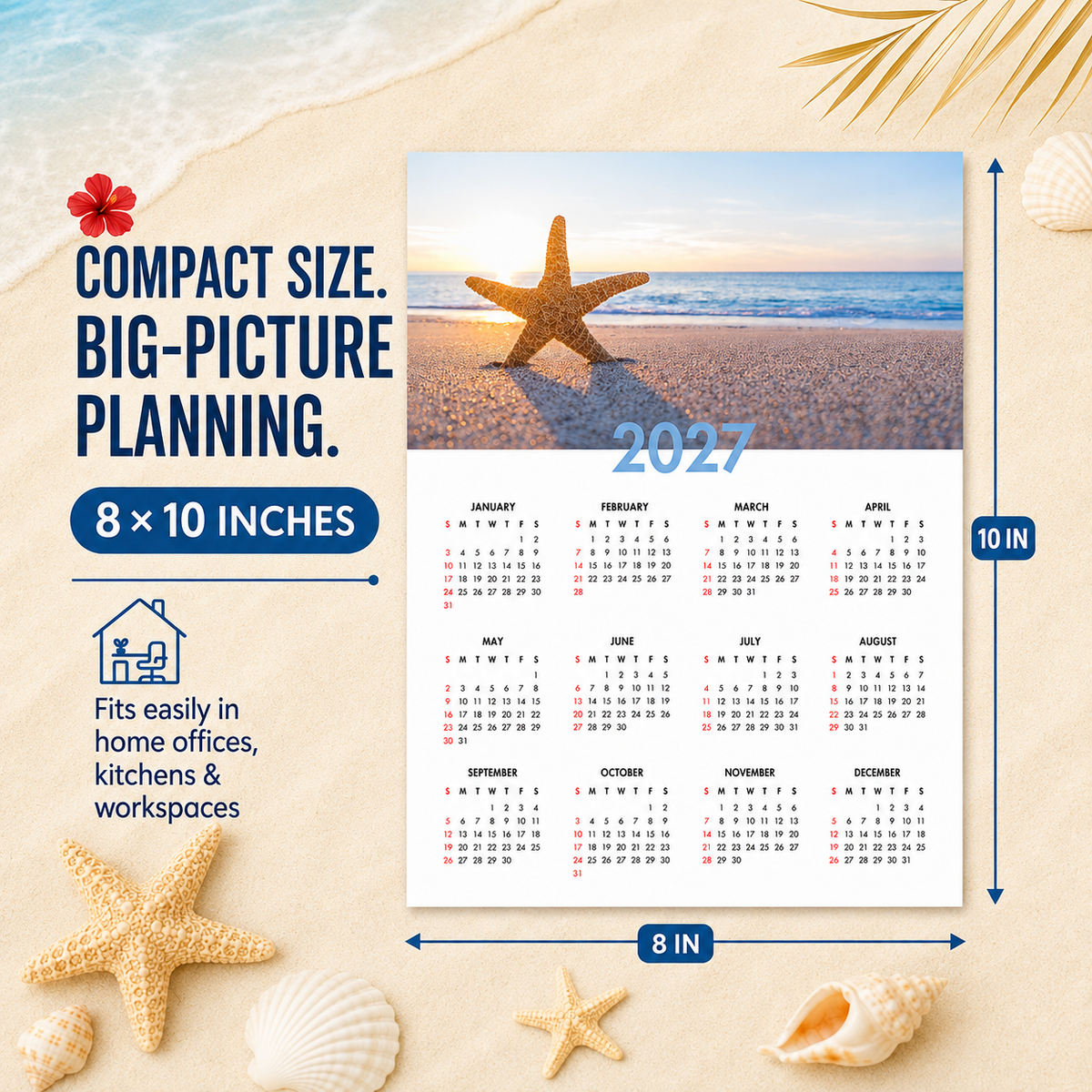 2027 Year at a Glance Wall Calendar – Starfish on the Shore carousel image 4