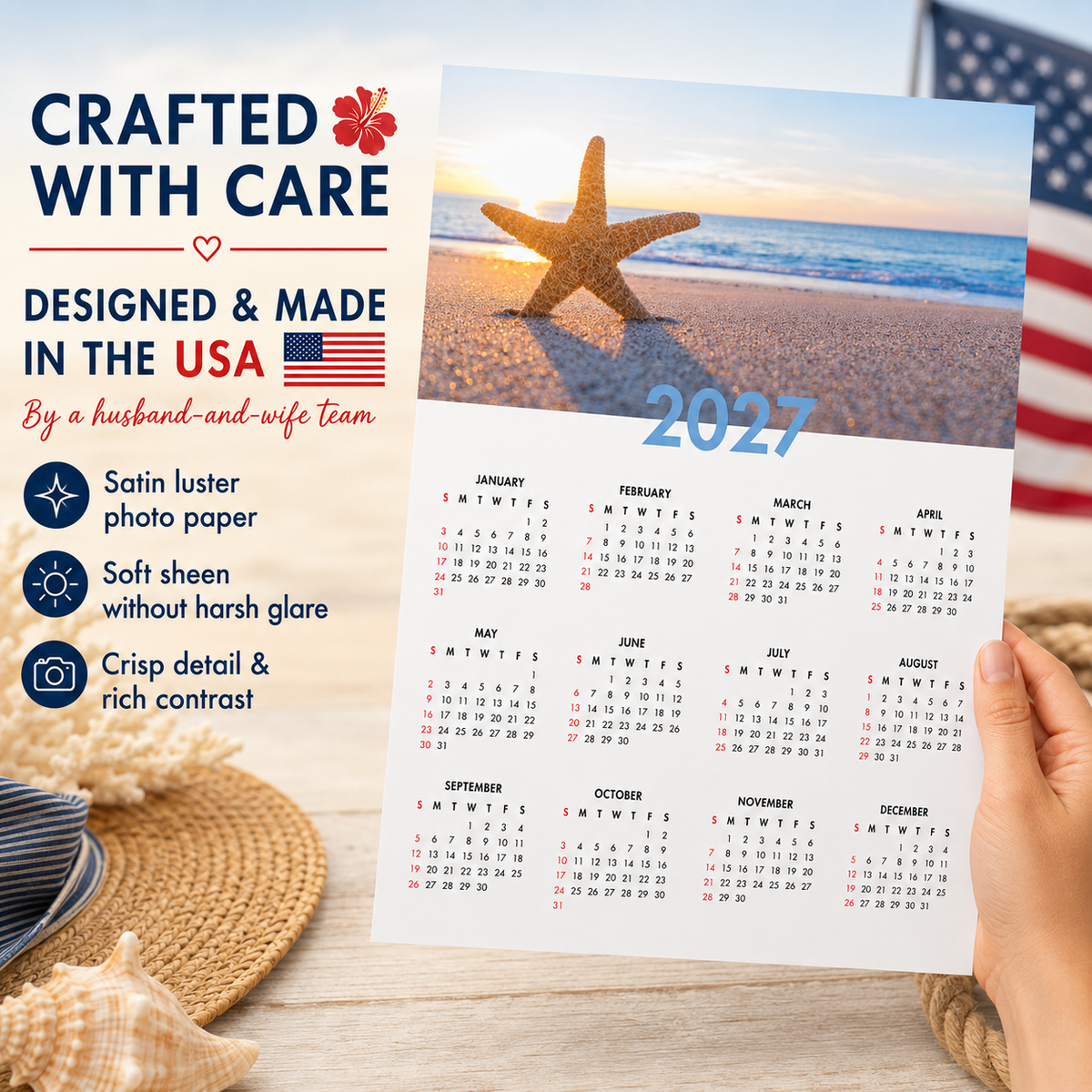 2027 Year at a Glance Wall Calendar – Starfish on the Shore carousel image 6