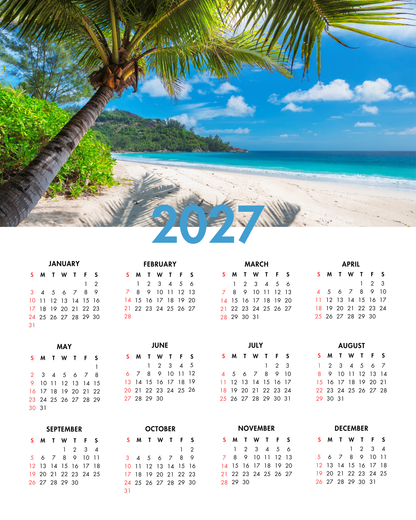 2027 Year at a Glance Wall Calendar – Palm-Framed Tropical Cove
