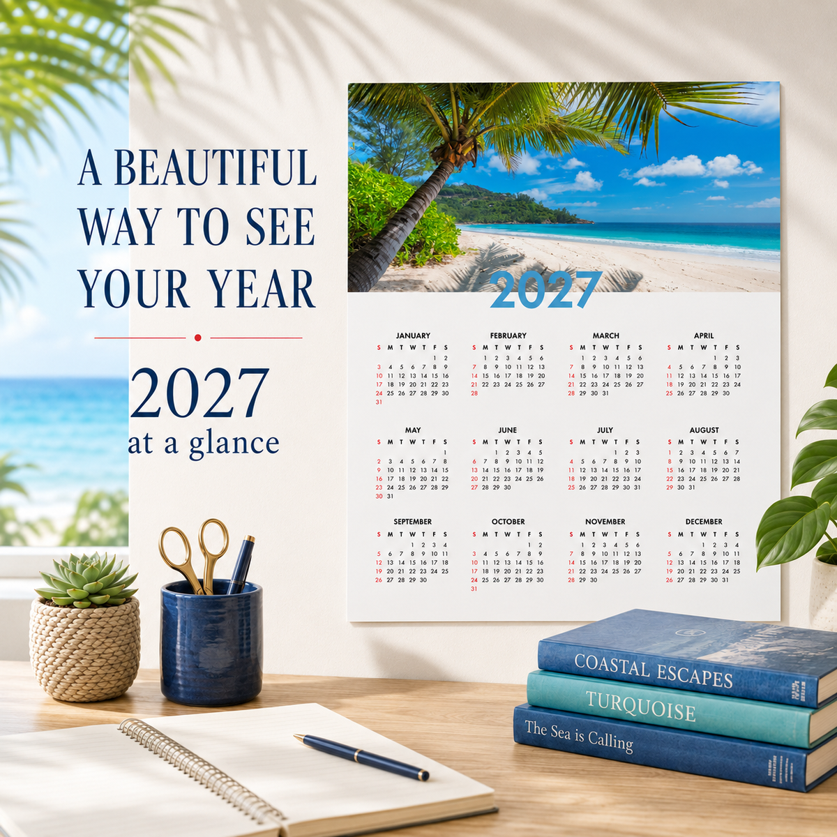 2027 Year at a Glance Wall Calendar – Palm-Framed Tropical Cove carousel image 3