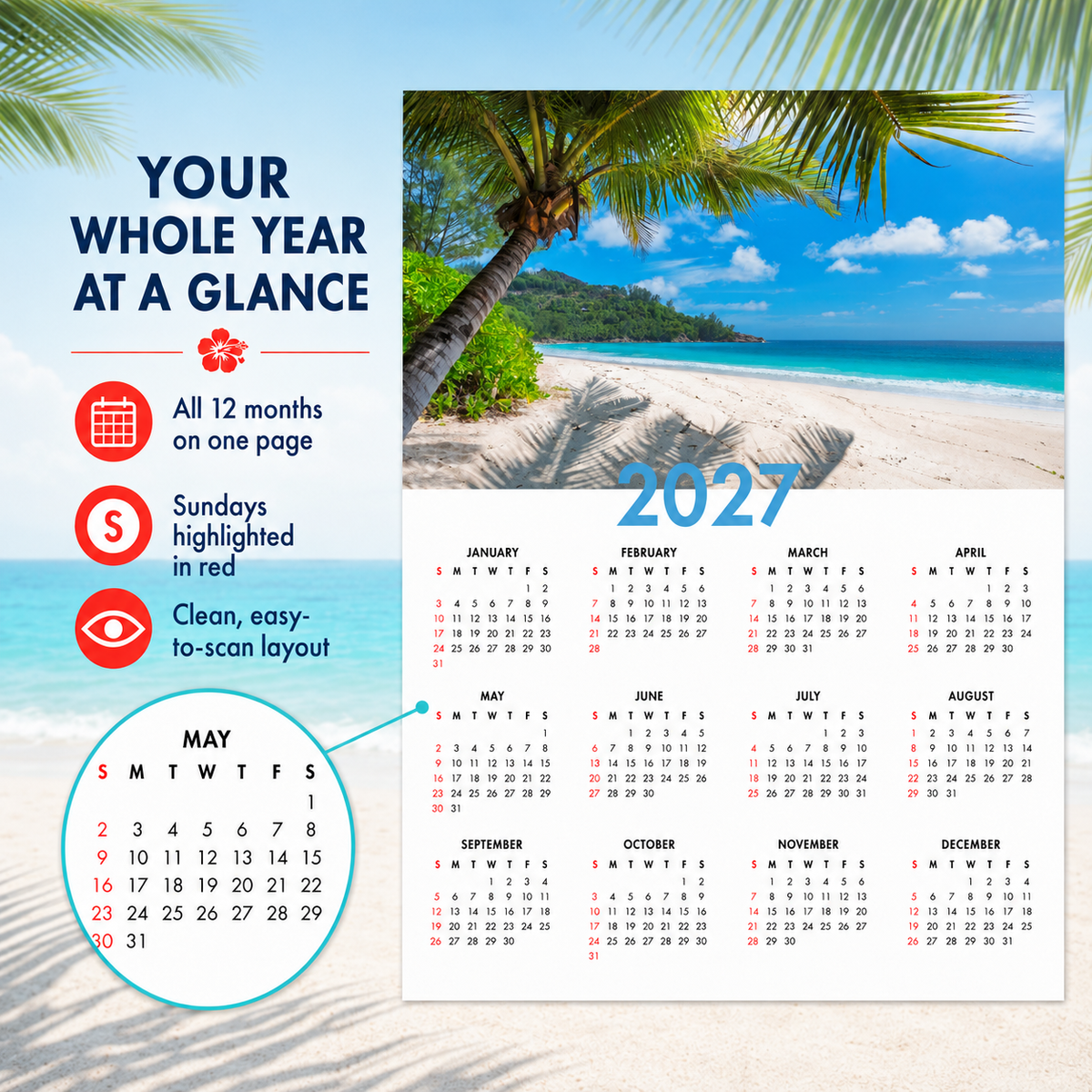 2027 Year at a Glance Wall Calendar – Palm-Framed Tropical Cove carousel image 4
