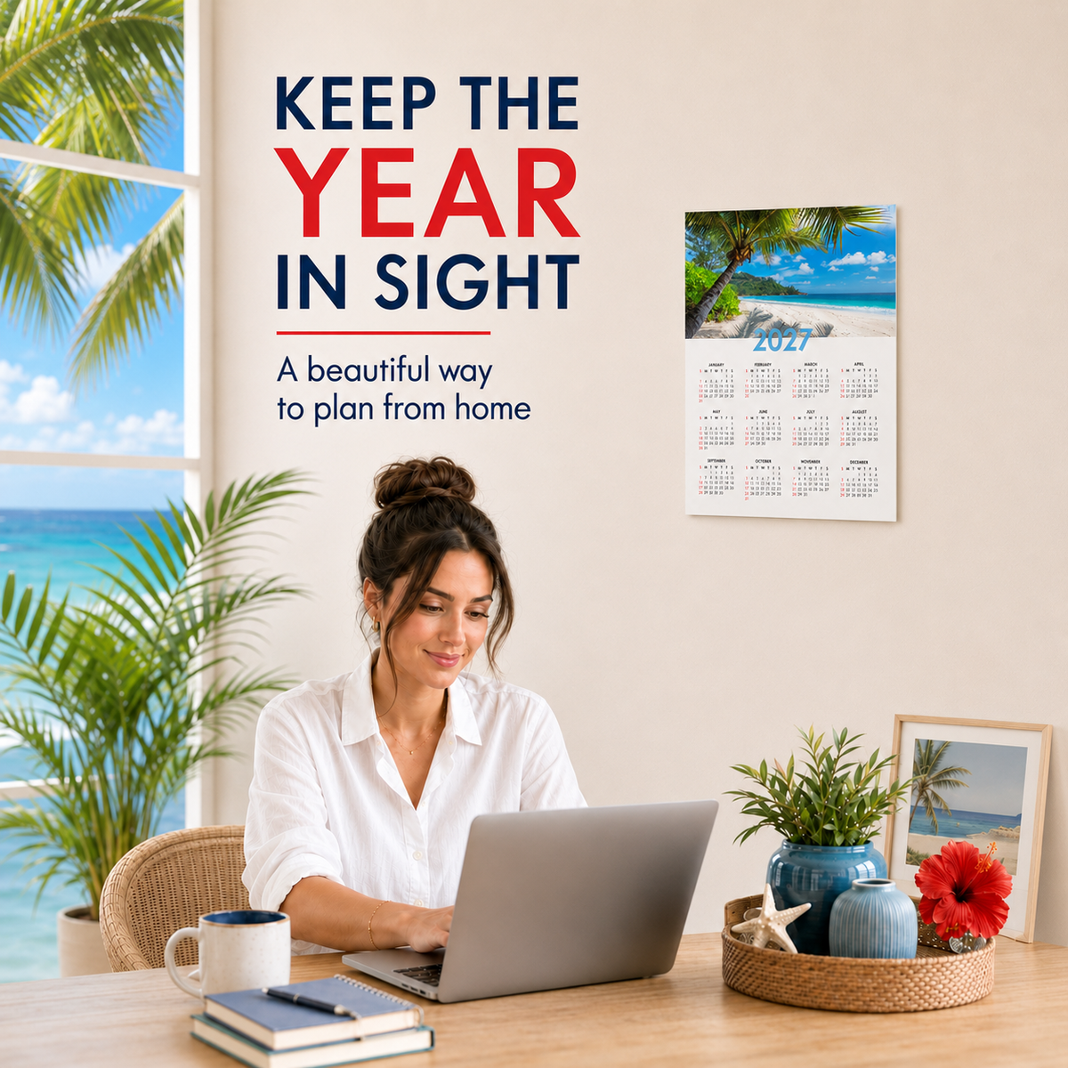 2027 Year at a Glance Wall Calendar – Palm-Framed Tropical Cove carousel image 2