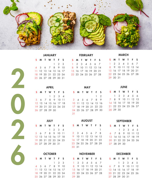 2026 Avocado Toast One Page Calendar at a Glance