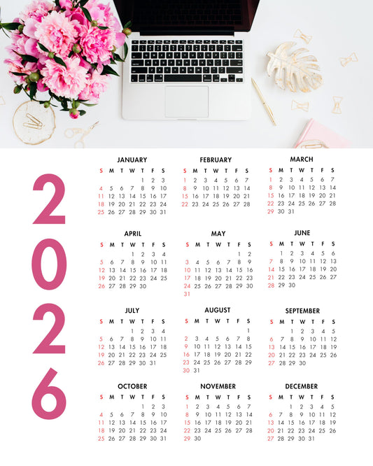 2026 Year at a Glance – Pink Flowers & Workspace Calendar